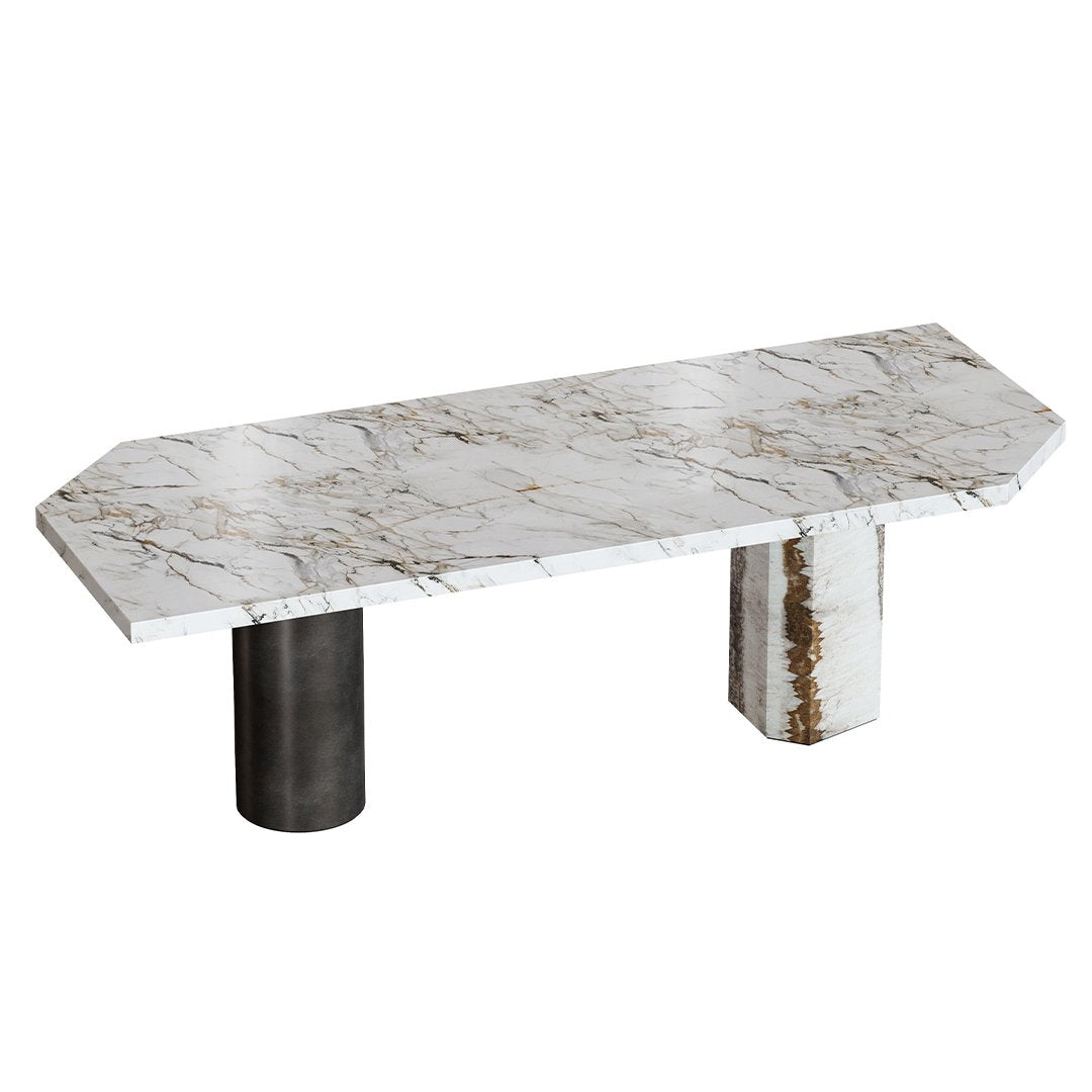Exclusieve Design Eettafel met Uniek Marmeren Blad en Sculpturaal Onderstel