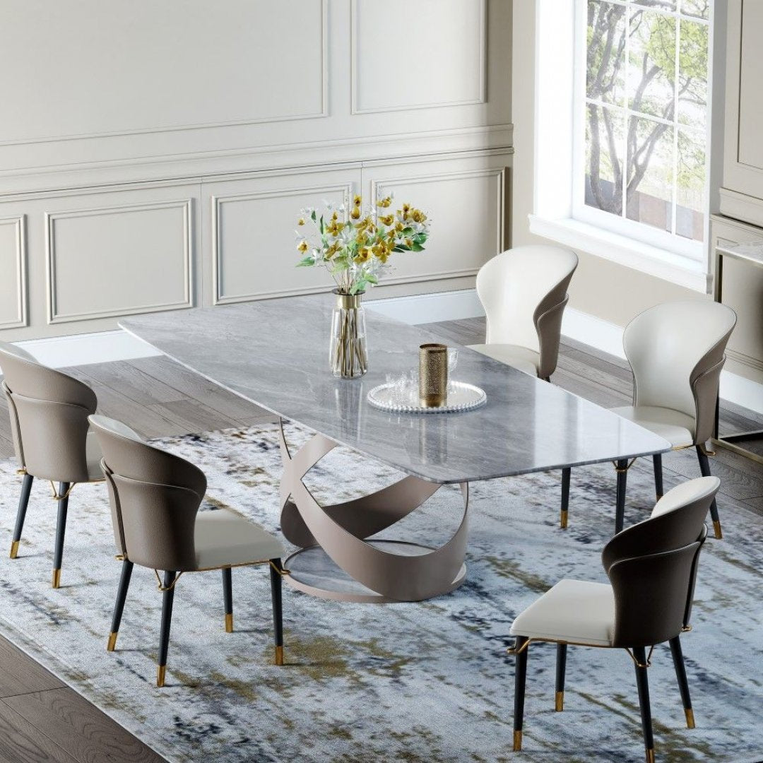 Luxe Marmeren Design Eettafel met Artistiek Metalen Onderstel