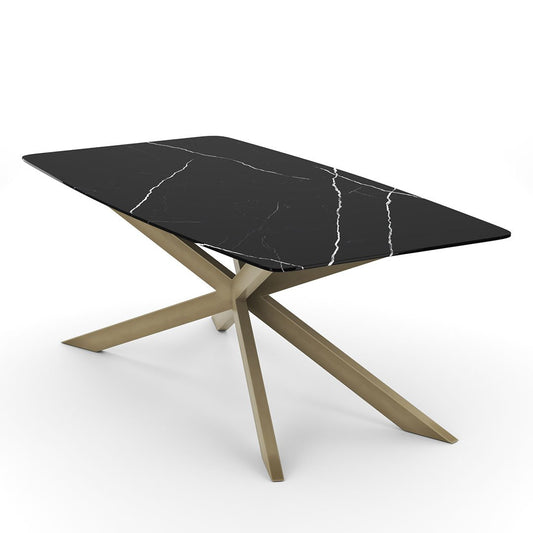 Exclusieve Eettafel met Nero Marquina Marmer en Goudkleurig Sculpturaal Onderstel