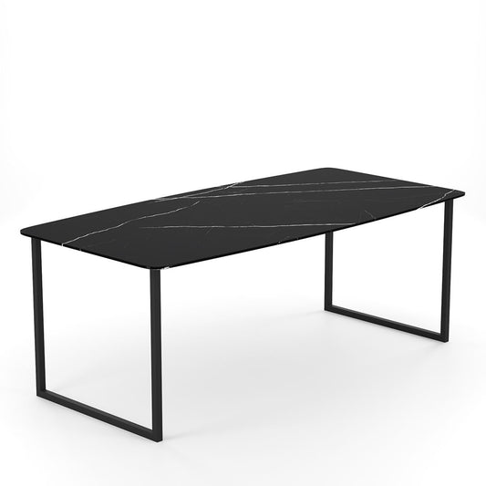Moderne Eettafel met Nero Marquina Marmer en Minimalistisch Zwart Metalen Frame