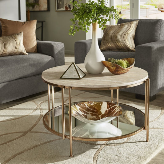 Luxe Ronde Marmeren Salontafel met Spiegelplank & Gouden Accenten ✨