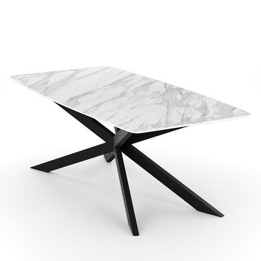 Design Eettafel met Luxe Calacatta Marmer en Sculpturaal Zwart Metalen Onderstel