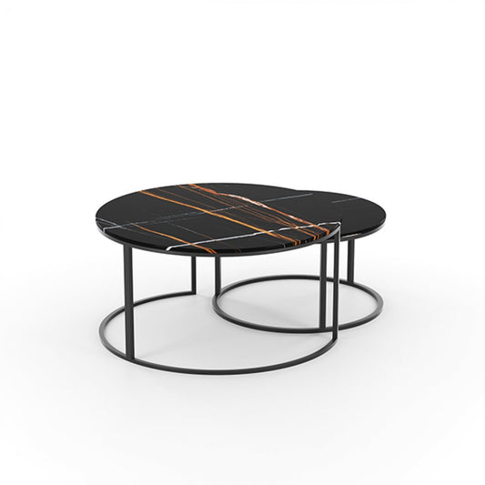 Set van 2 Elegante Ronde Salontafels met Zwart Marmer en Rond Metalen Frame