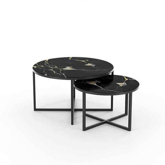 Set van 2 Luxe Ronde Salontafels met Zwart Marmer en Zwart Metalen Onderstel