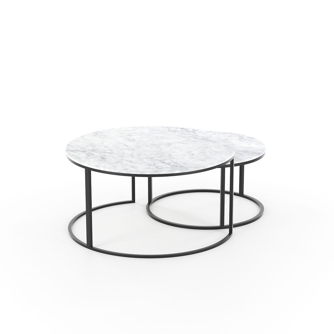 Set van 2 Minimalistische Ronde Salontafels met Wit Carrara Marmer