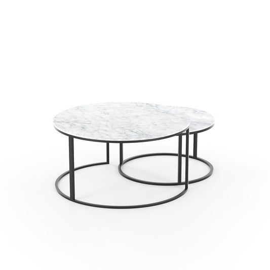 Set van 2 Minimalistische Ronde Salontafels met Wit Carrara Marmer