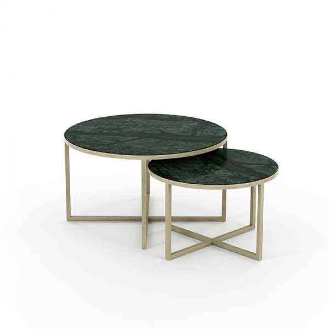 Set van 2 Luxe Ronde Salontafels met Groen Marmer en Goudkleurig Metalen Onderstel
