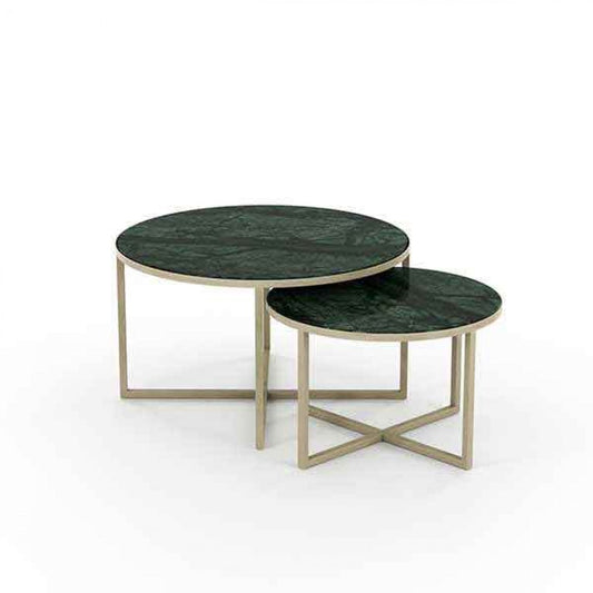 Set van 2 Luxe Ronde Salontafels met Groen Marmer en Goudkleurig Metalen Onderstel