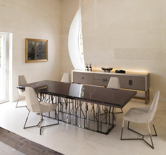 Luxe Rechthoekige Marmeren Eettafel met Artistiek Metalen Onderstel