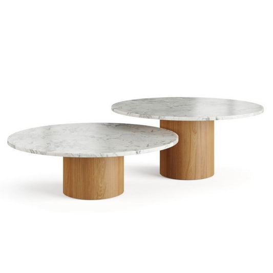 Luxe Ronde Marmeren Salontafel Set met Houten Onderstel