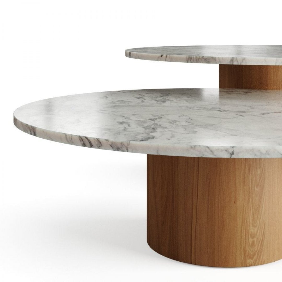 Luxe Ronde Marmeren Salontafel Set met Houten Onderstel