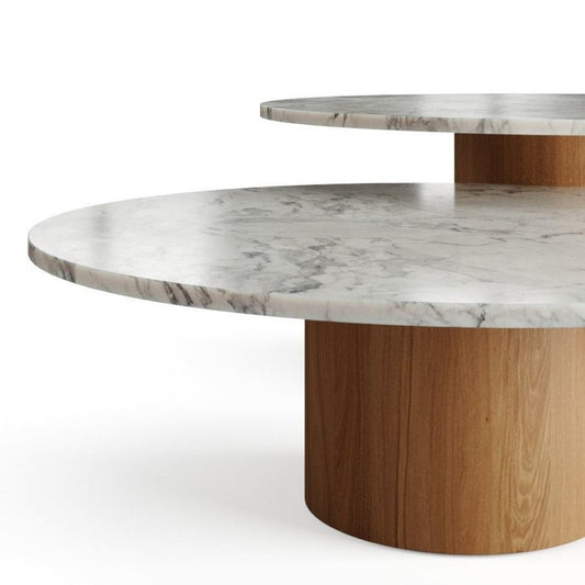 Luxe Ronde Marmeren Salontafel Set met Houten Onderstel