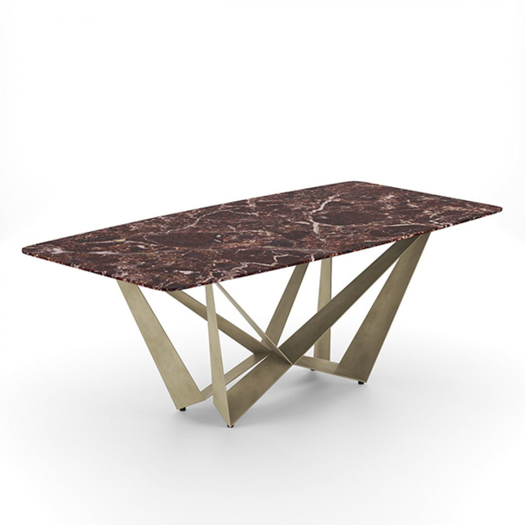 Luxe Eettafel met Rosso Levanto Marmer en Stijlvol Goudkleurig Geometrisch Onderstel