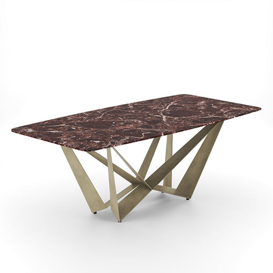 Luxe Eettafel met Rosso Levanto Marmer en Stijlvol Goudkleurig Geometrisch Onderstel