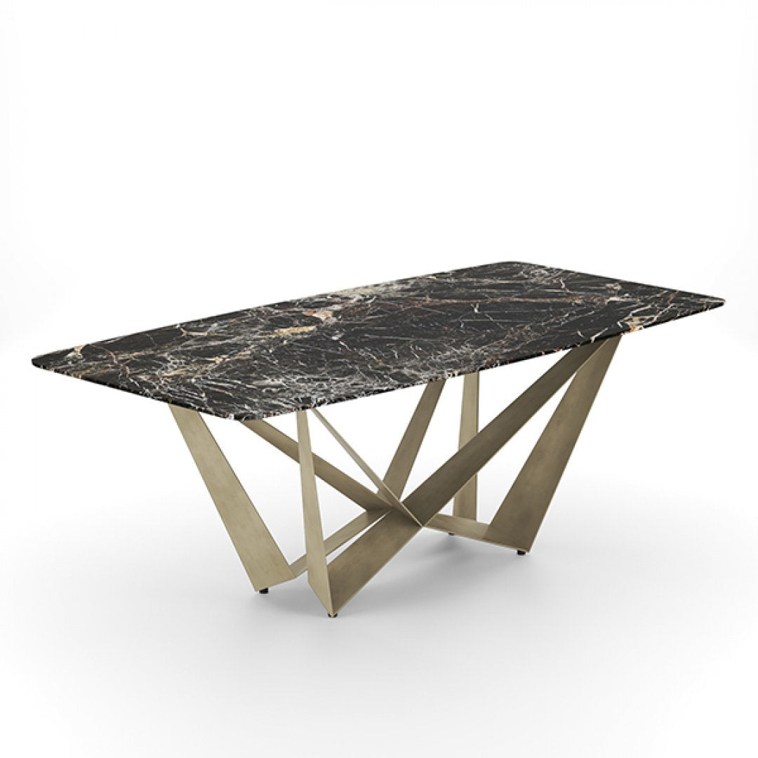 Exclusieve Eettafel met Elegant Black Spider Marmer en Goudkleurig Geometrisch Onderstel