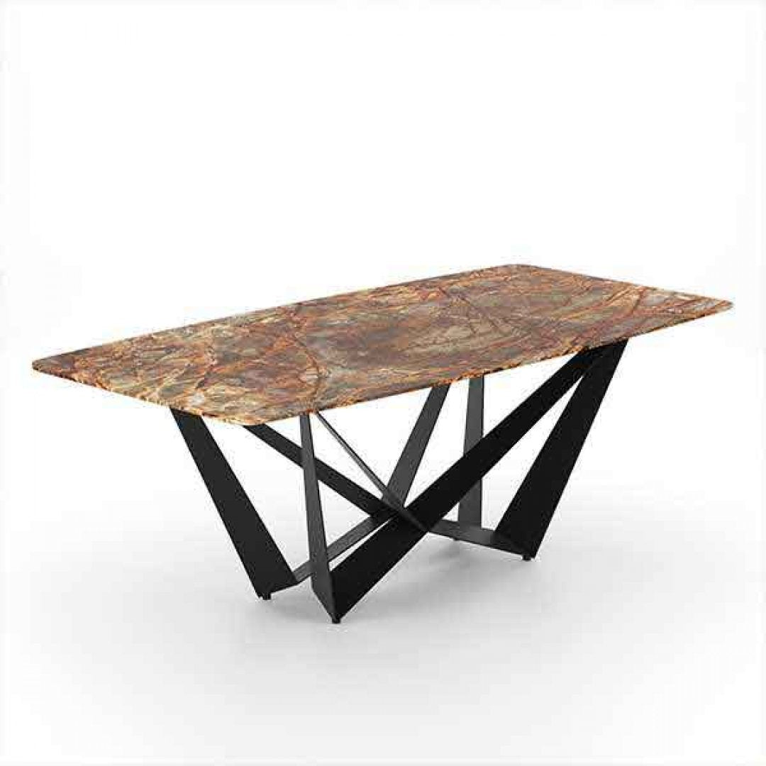 Luxe Eettafel met Forest Brown Marmer en Dynamisch Geometrisch Onderstel
