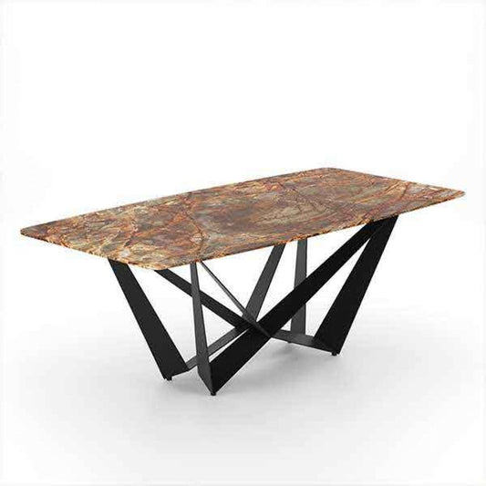Luxe Eettafel met Forest Brown Marmer en Dynamisch Geometrisch Onderstel
