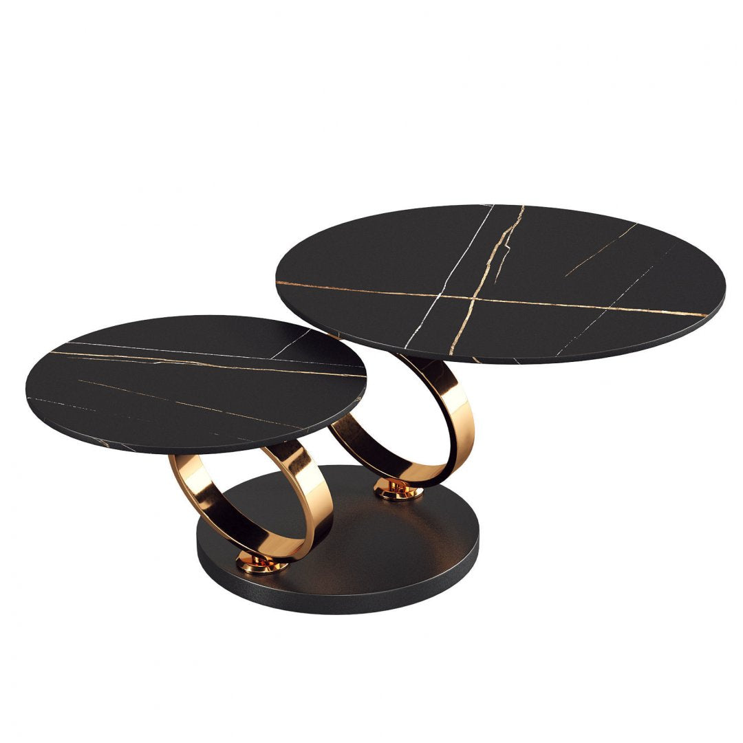 Design Draaibare Dubbele Salontafel met Zwart Marmer en Goudaccenten