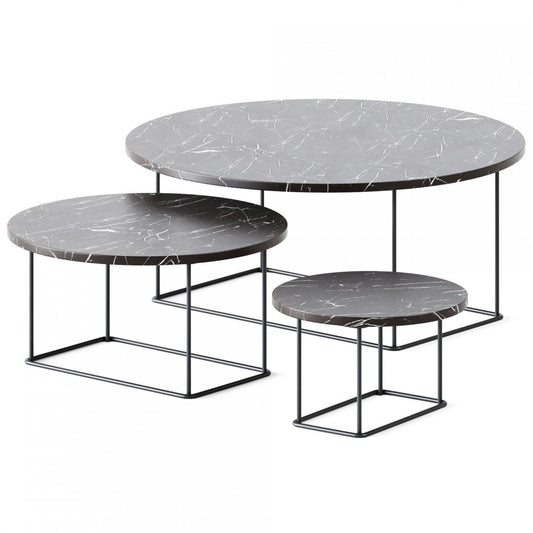 Set van 3 Luxe Ronde Marmeren Salontafels met Minimalistisch Metalen Frame