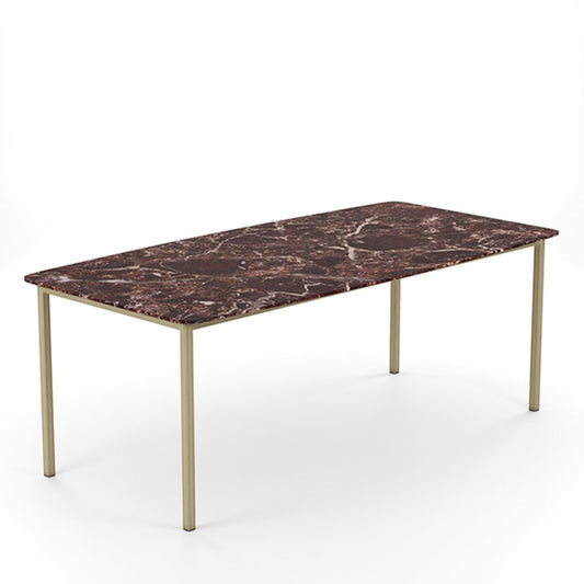 Elegante Eettafel met Rosso Levanto Marmer en Minimalistisch Goudkleurig Onderstel